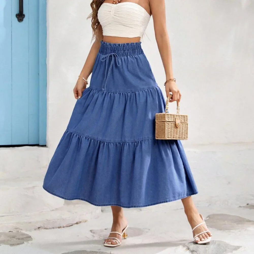 Medium Wash Boho Women's Relaxed Elastic Waist Long Denim Skirt